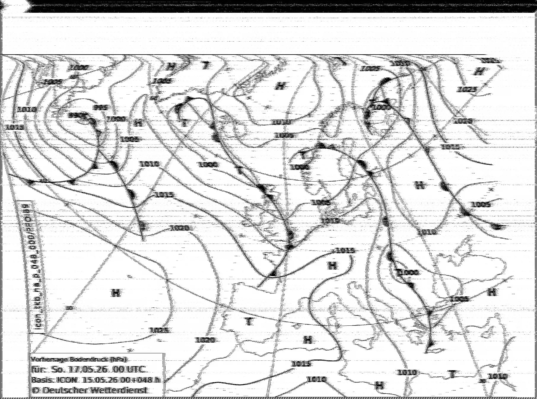 The first weather fax decoded by Ilma shows a Pinneberg DDK3 transmission: a weather prediction chart by DWD.