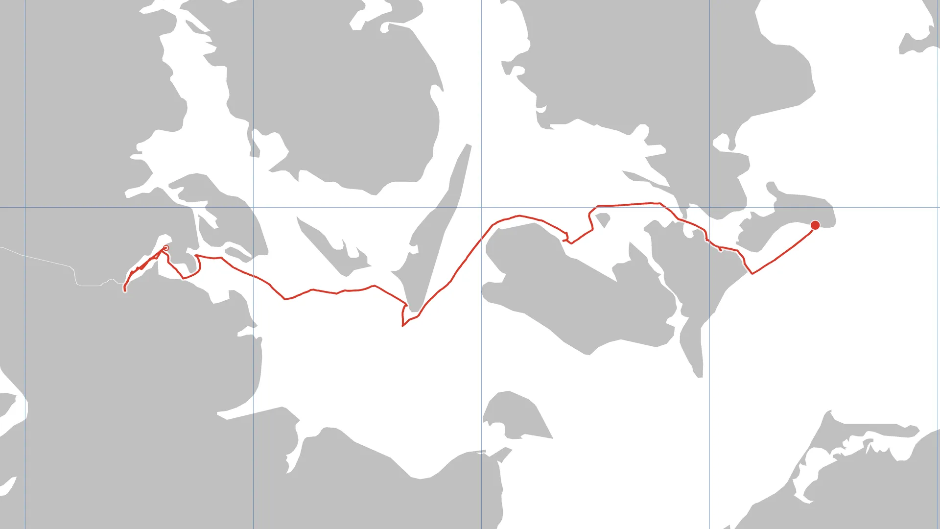 The Flensburg to Klintholm leg over a plain grey basemap with a one degree graticule ruled over it. The track threads the channels between the Danish islands and stays off the land.